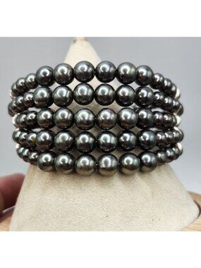 Gray Faux Pearl Bracelet Wide Multi Strand - Cuff